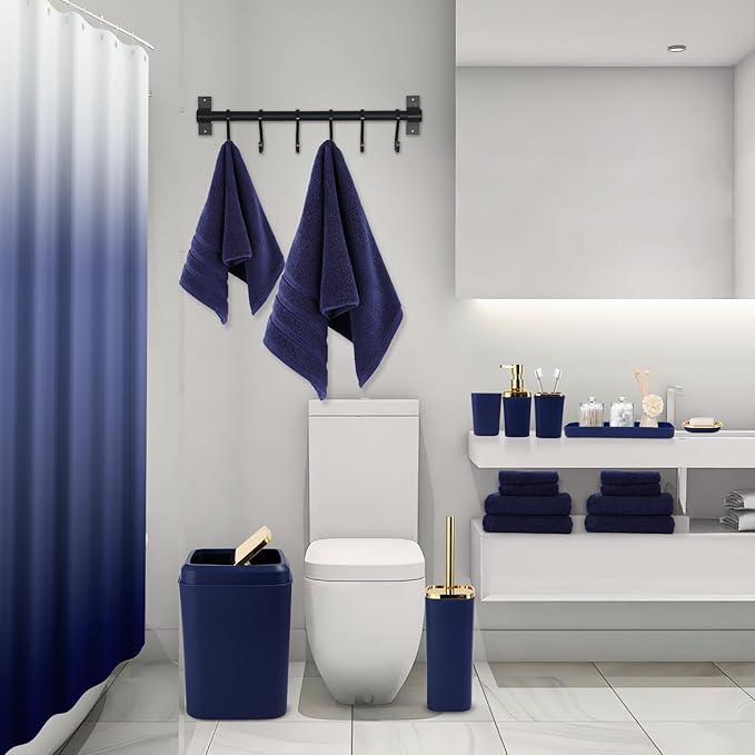 Navy Blue Bathroom Accessories, 24 Pieces Blue and Gold Bathroom Accessories Set with Shower Curtain, Bath Towels, Trash Can, Soap Dispenser and Soap Dish for Bathroom/Housewarming
