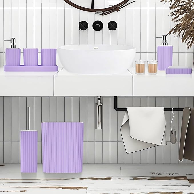 Bathroom Accessories Set - Gorgeous Purple Bathroom Set, 10PC Bathroom Accessory Set, Toilet Brush, Trash Can & Soap Dispenser