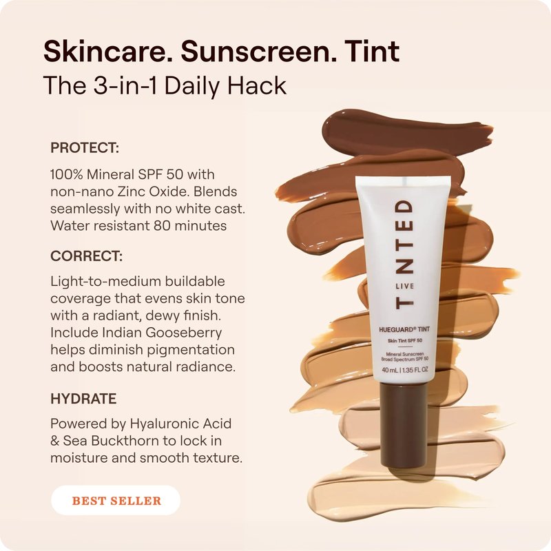 Live Tinted Hueguard Tinted Sunscreen SPF 50 - Mineral Sunscreen for Face, Skin Tint with Buildable Coverage, Dewy Glow Finish, Hydrating, Vegan, Fragrance-Free, Water & Sweat Resistant, Shade 07