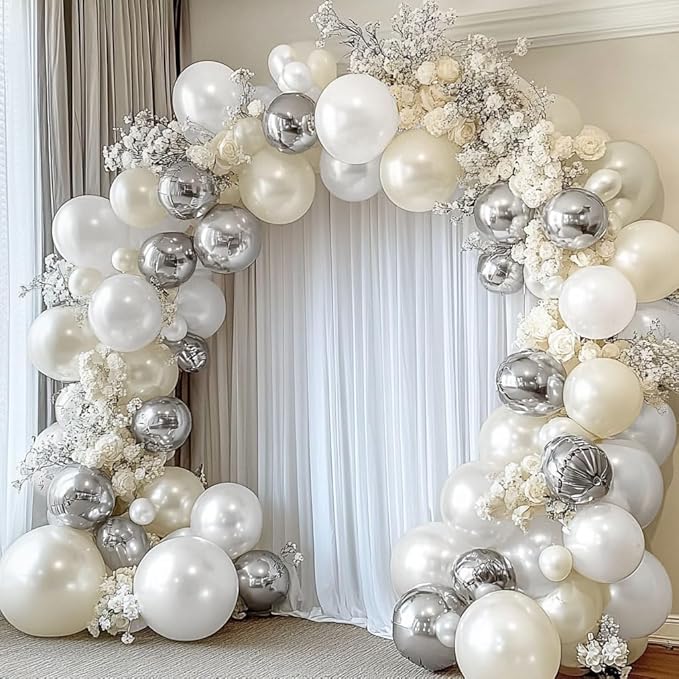 White and Silver Balloon Garland - Double Stuffed Pearl Sand White Silver Balloons Arch Kit 5 12 18 inch for Birthday Graduation Bar Mitzvah Bachelorette Wedding Baby Shower Party Decoration