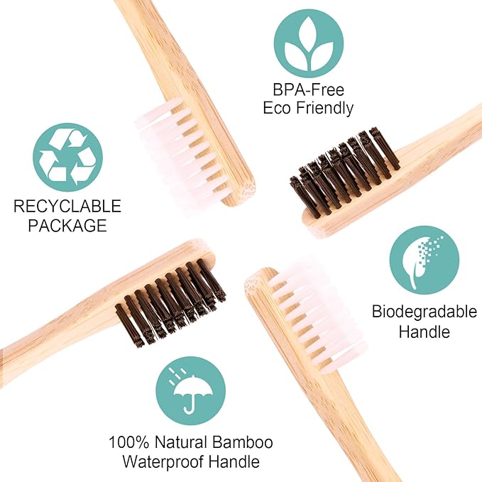 Bamboo Toothbrushes Medium Hard Bristles for Adults 10 Pack, Wooden Toothbrush Family Set Natural Organic Tooth Brush Black White