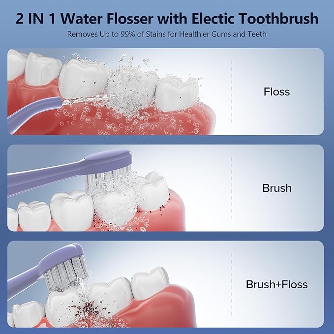 Water Flosser with Electric Toothbrush – 3 Sonic Toothbrush Modes & 5 Water Flossing Pressure – Fast Charging & IPX7 Waterproof – Portable Travel Case Included(Purple)