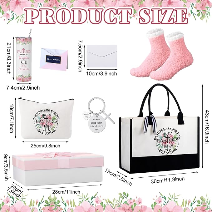 Geiserailie 8 Pcs Christmas Pastor's Wife Gifts for Women Including Large Tote Bag Cosmetic Bags Tumbler Cup Plush Socks Metal Keychain Card and Envelope for Pastor's Wife Thank You Gifts