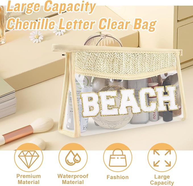 Iqimott 2Pcs Clear Patch Makeup Letter Bag, Boho Letter Bag for Beach Swim, Waterproof Zipper Make up Bags Toiletry Pouch for Women Girls, Clear Letters Patch Cosmetic Bags for Travel(Beach)