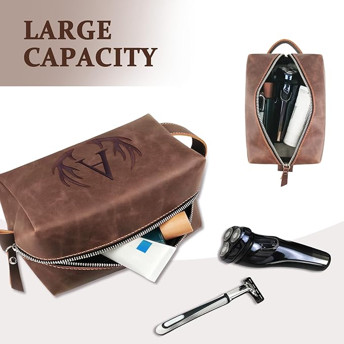 Personalized Travel Toiletry Bag for Men Initial Letter PU Leather Waterproof Shaving Bag for Toiletries Accessories Travel Essentials Storage Bags Fathers Day Birthday Gifts for Men (W)