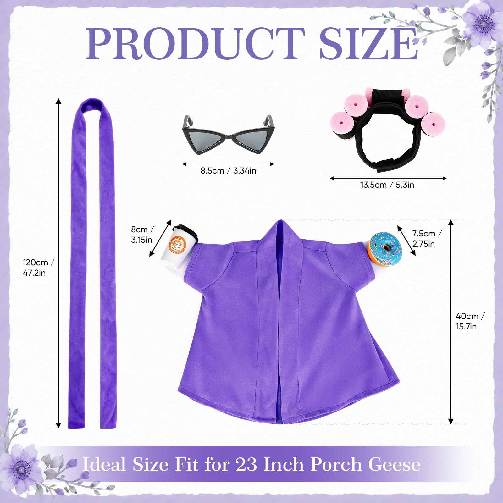 Porch Goose Outfits, Bathrobe Goose Outfit with Curlers Sunglasses Coffee Cup Donut, Hawaiian Beach Vacation Style Goose Clothes for 23'' Goose Statue, Lawn Yard Garden Patio Pool Party Decor (Purple)