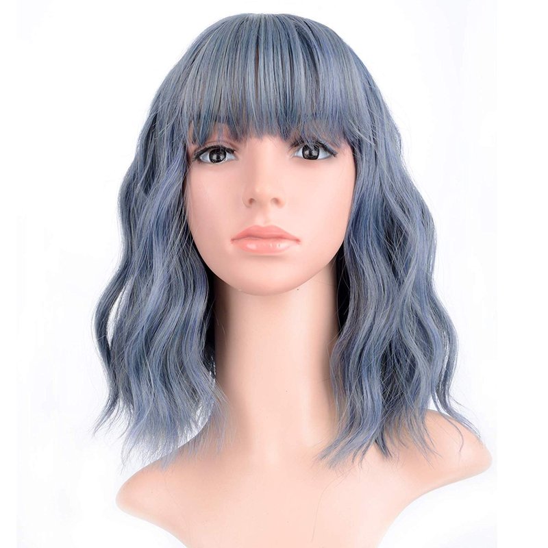 FAELBATY Blue Wigs With Air Bangs Shoulder Length Short Wave Wig For Women Curly Wavy Synthetic Cosplay Wig Blue Wig for Girl Halloween Costume Wigs (12" Dusky Blue Color)