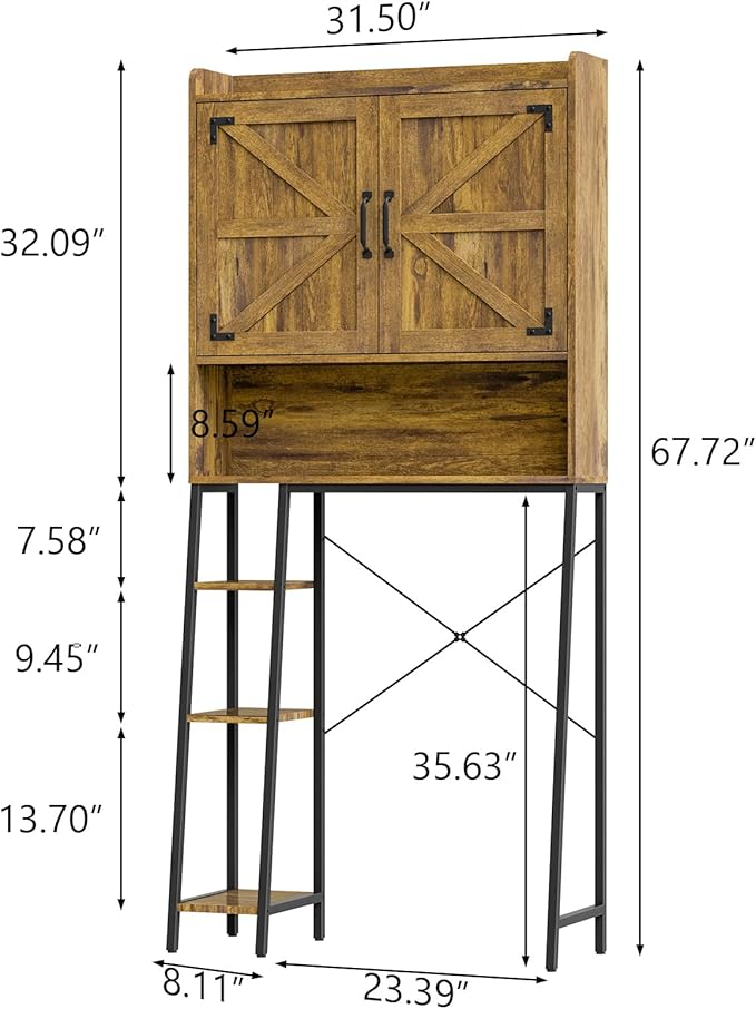 Vabches Over The Toilet Storage Cabinet, Farmhouse Storage Cabinet Over Toilet with Barn Doors & Toilet Paper Holder Stand，Home Space-Saving Toilet Rack, for Restroom, Laundry and Bathroom