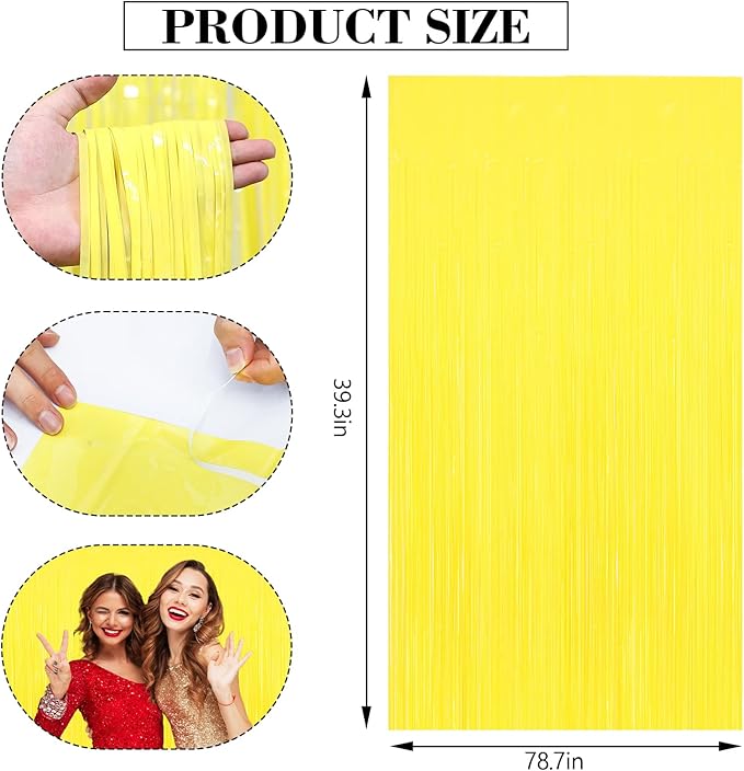 2Pack Pastel Yellow Foil Fringe Backdrop Curtains Tinsel Streamers Birthday Party Decorations, Macaron Yellow Fringe Backdrop for Graduation, Gender Reveal, Disco Party, Bachelorette Xmas Party Decors