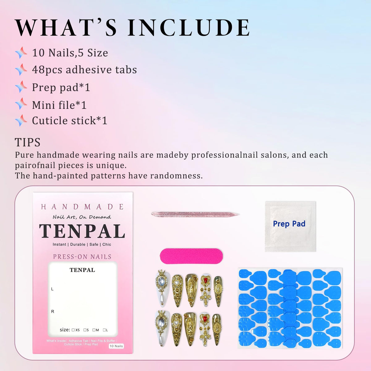 TENPAL 10Pcs Handmade Royal Press On Nails With Tools,Metallic Gold Long Stiletto Fake Nails with Pearl & Celestial Charms Designs,Sculpted 3D Baroque Acrylic Glue on Nails for Wedding Gothic Ball(L)