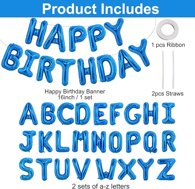 TONIFUL 65 Pcs 16 Inch Navy Blue Happy Birthday Balloons and 2 Sets A-Z Foil Letters Balloons DIY Personalized Phrase Banner for Birthday Celebration Halloween Thanksgiving Christmas Party Decorations