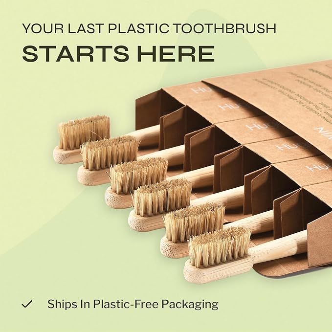 Boar Bristle Bamboo Toothbrush, Made from Natural Boar Hair Bristles, Plastic-Free (Pack of 6)