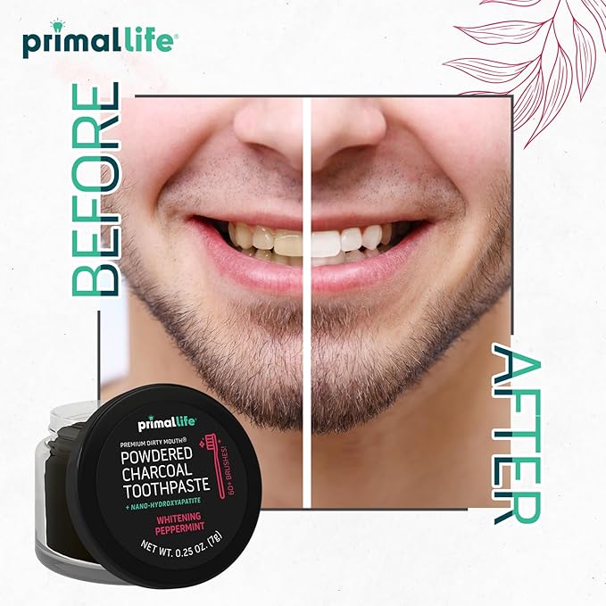 Primal Life Organics -Dirty Mouth Toothpowder, Activated Charcoal Tooth Cleaning Powder, Essential Oils, Hydroxyapatite, Kaolin, Bentonite Clay, 60+ Brushings, Organic, Vegan Black Peppermint 0.25oz