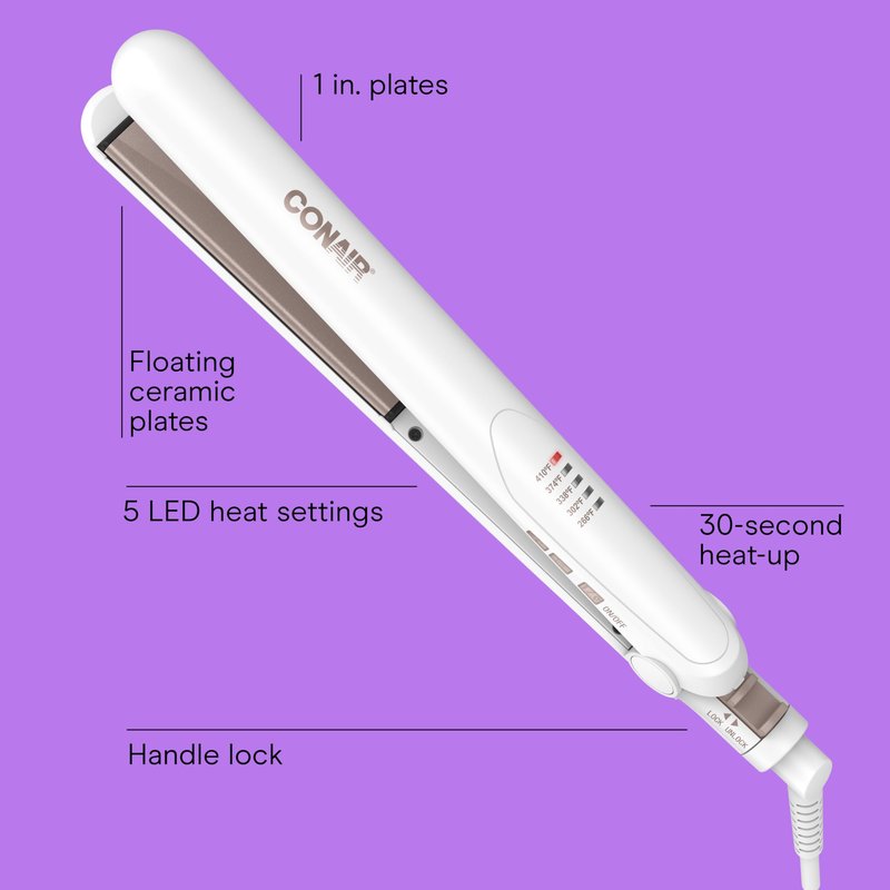 Conair Double Ceramic Flat Iron, 1-Inch Flat Iron Hair Straightener with Claw Clip, 5 Heat Settings, Extra-Long Floating Plates, White