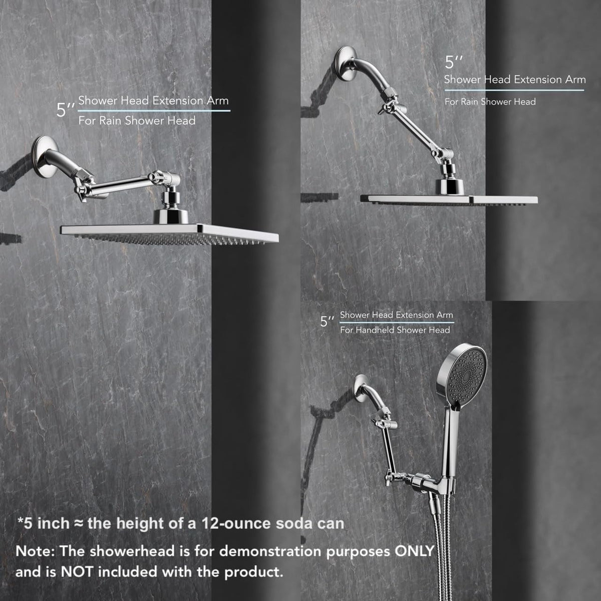 5 Inch Adjustable Shower Head Extension Arm, With Locking Set Screw, Singing Rain 304 Stainless Steel Chrome Angle Height Adjustable, Easy Install, G1/2 Universal Connector Compatible (Chrome Finish)