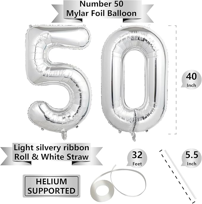 Number Balloons Silver Party Balloon - Giant Number 50 Balloon, 40 Inch Large Balloon for 50th Birthday Decorations, Silver Party Supplies for Anniversary