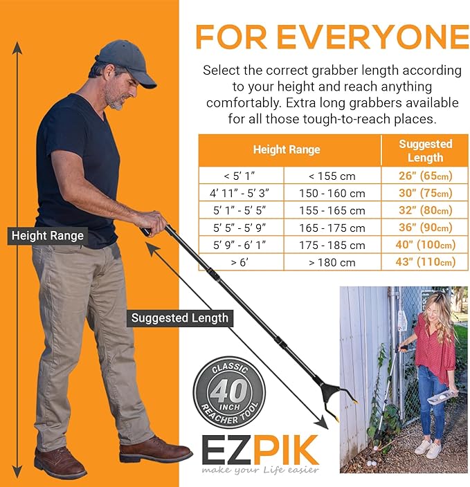 EZPIK Classic 40" Flexible Folding Grabber Tool for Elderly + Magnets, Reacher for Disabled & Seniors Heavy Duty Rotating Grippers for Reaching Underneath, Trash Grabbers & Pickers for Mobility 2-Pack