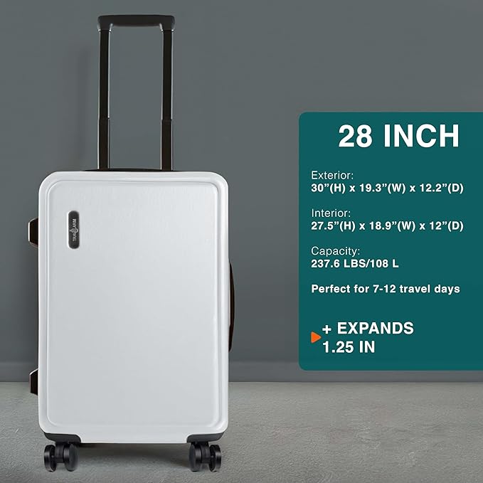 TRAVELARIM 28 Inch Luggage with Spinner Wheels, Hard Shell Suitcase with TSA Locks for Luggage, Travel Large Suitcase, Expandable Hard Shell Suitcases, White
