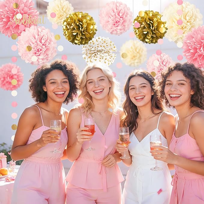 AOBKIAT Wedding Baby Shower Decorations Set,15PCS Pink Gold Tissue Paper Pom Poms,Circle Dots Colorful Paper Garland String Hanging Backdrop for Birthday Party,Gender Reveal Celebration Decor