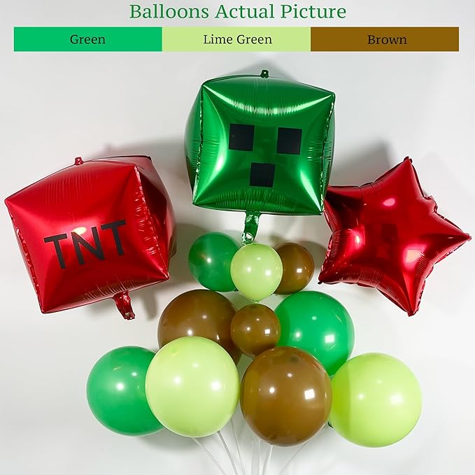 130Pcs Green Balloon Arch Garland Kit with Lime Green Brown Square Star Foil Balloons for Gaming Theme Party Decor, Birthday Party Supplies, Kids' Party Crafts and Decorations