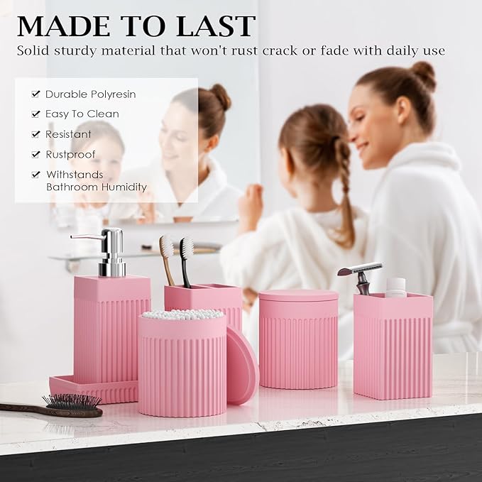 6-Piece Pink Bathroom Set - Sleek Resin Bathroom Accessories Set with Soap Dispenser, Toothbrush Holder, Vanity Tray, Tumbler & Apothecary Jars for Small Spaces