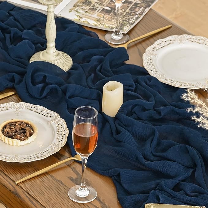 Artoid Mode Boho Cheesecloth Gauze Navy Blue Wedding Table Runner, 120 Inch Seasonal Fabric Kitchen Dining Holiday Table Decor for Home Party Indoor