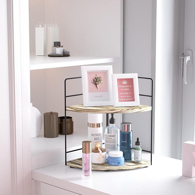 ZGO 2-Tier Bathroom Counter Organizer, Corner and Makeup Organizer for Vanity and Kitchen Counter, Wood