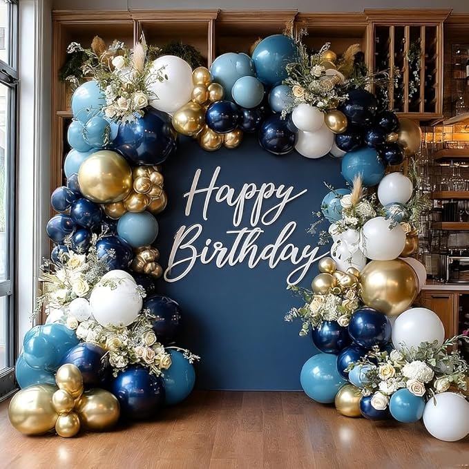 Navy Blue White Balloon Garland Double Stuffed Dusty Blue Gold Pearl White Balloons Beige Cream Balloon Arch Kit for Birthday Baby Shower Wedding Father's Day Graduation Party Decorations