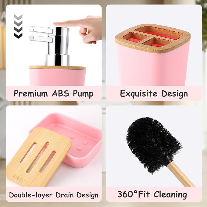Bathroom Accessories Set with Wicker Trash Can, Pink Bathroom Accessories Pink Bathroom Sets Small Waste Basket Bathroom Trash Can for Bedroom Bathroom