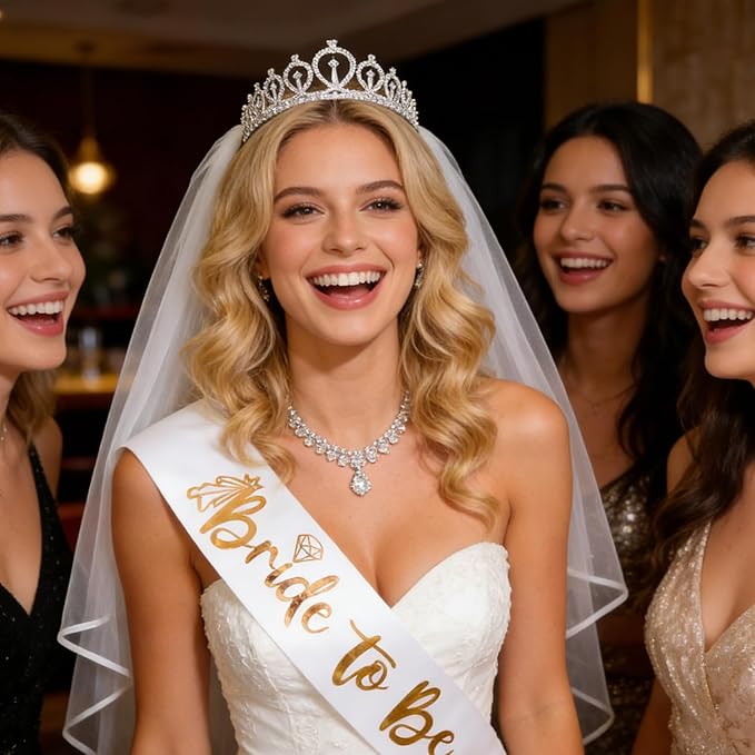 4 Pcs Bachelorette Party Decorations Bride & Groom to be Sash Tiara/Crown Veil Engagement Party Accessories Bridal Shower Gifts for Bride