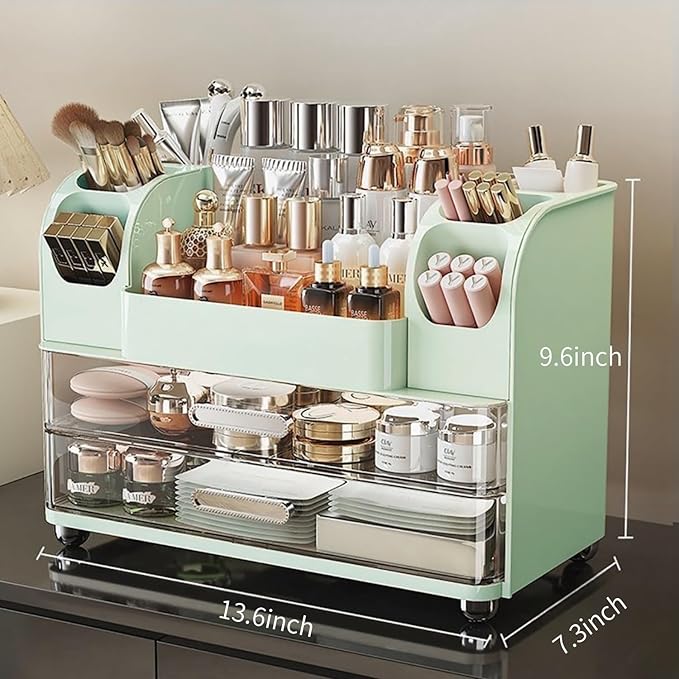 Makeup Organizer with Drawers for Vanity,Bathroom Countertop Organizer with Brushes Holder,Skincare Storage Organizer,Perfect Cosmetic Display Case for Skincare,Lipstick and Beauty Essential (Green)