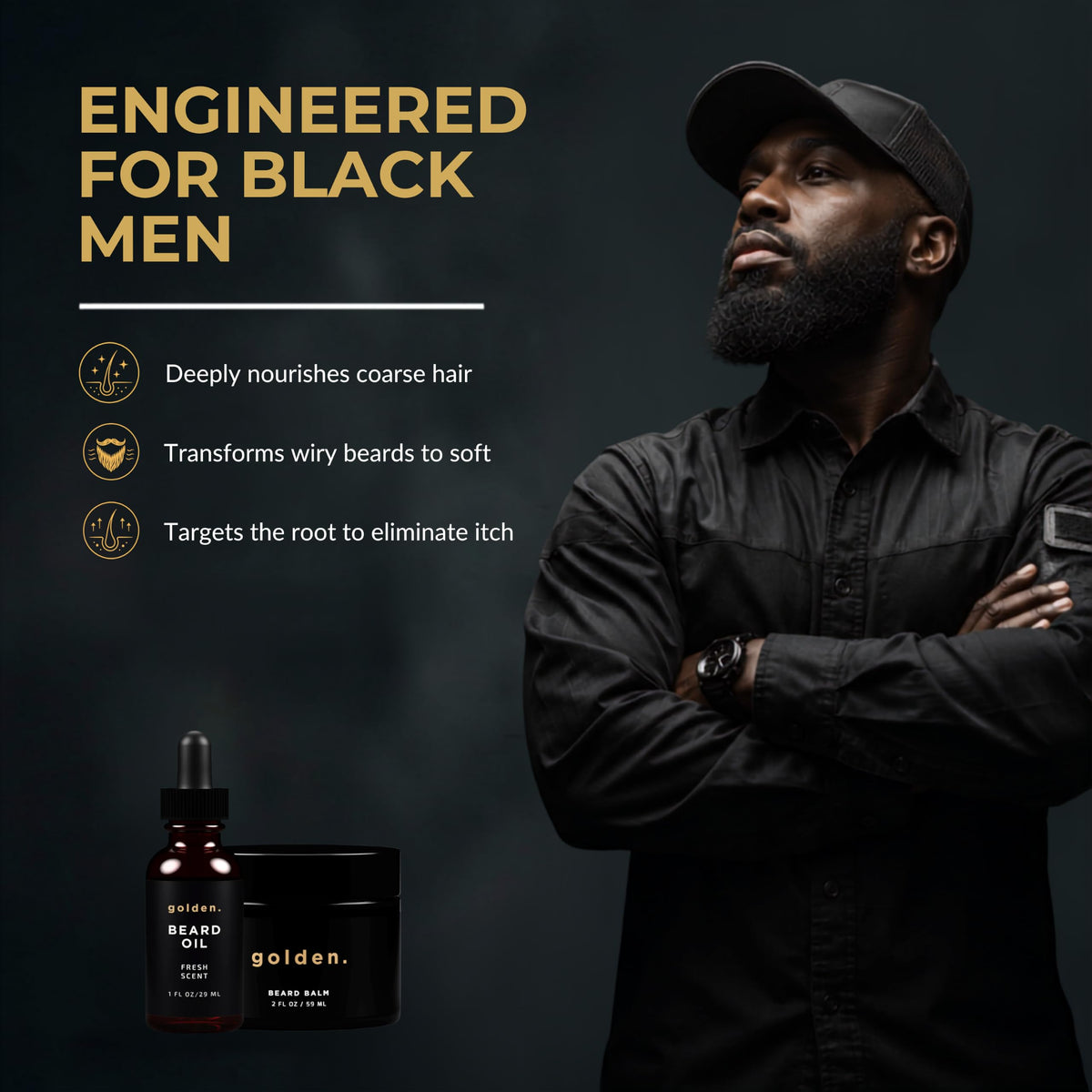 Golden Grooming Beard Bundle for Black Men - Natural Growth Kit with 2oz Balm & 1oz Oil - Shea Butter Conditioner - Fresh (Regular)