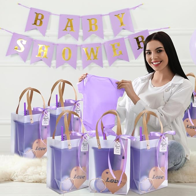 56Pcs Baby Shower Prizes for Game Winners Baby Shower Favors Gifts including Plastic Tumbler Notebook Scented Candles Ballpoint Pen Mirrors with Hair Brushes Bracelet Gift Bag (Purple)