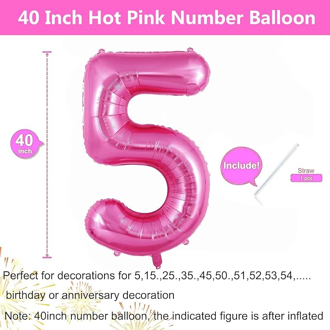Pink Number Balloons, Large Hot pink Number 5 Balloon 40 Inch Pink 5 Balloon for Men Women Boys Girls 5th Birthday Party Decoration