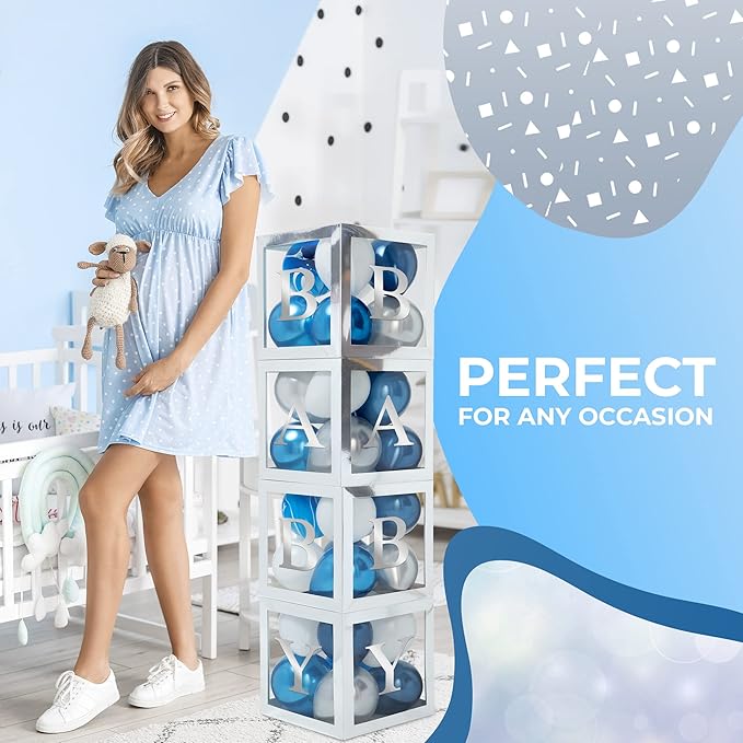Baby Shower Boxes with Letters – Silver Boxes with Silver & Blue Balloons – 44-Piece Gender Reveal & Party Decoration Set by Vellax