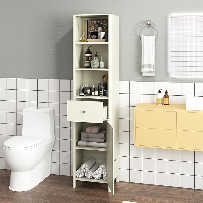 Tangkula 67" Tall Bathroom Cabinet, Narrow Floor Cabinet w/Fluted Door, 3 Open Shelves & 1 Drawer, Freestanding Storage Organizer w/Adjustable Shelf & Anti-tip Kit for Kitchen, Living Room (Beige)
