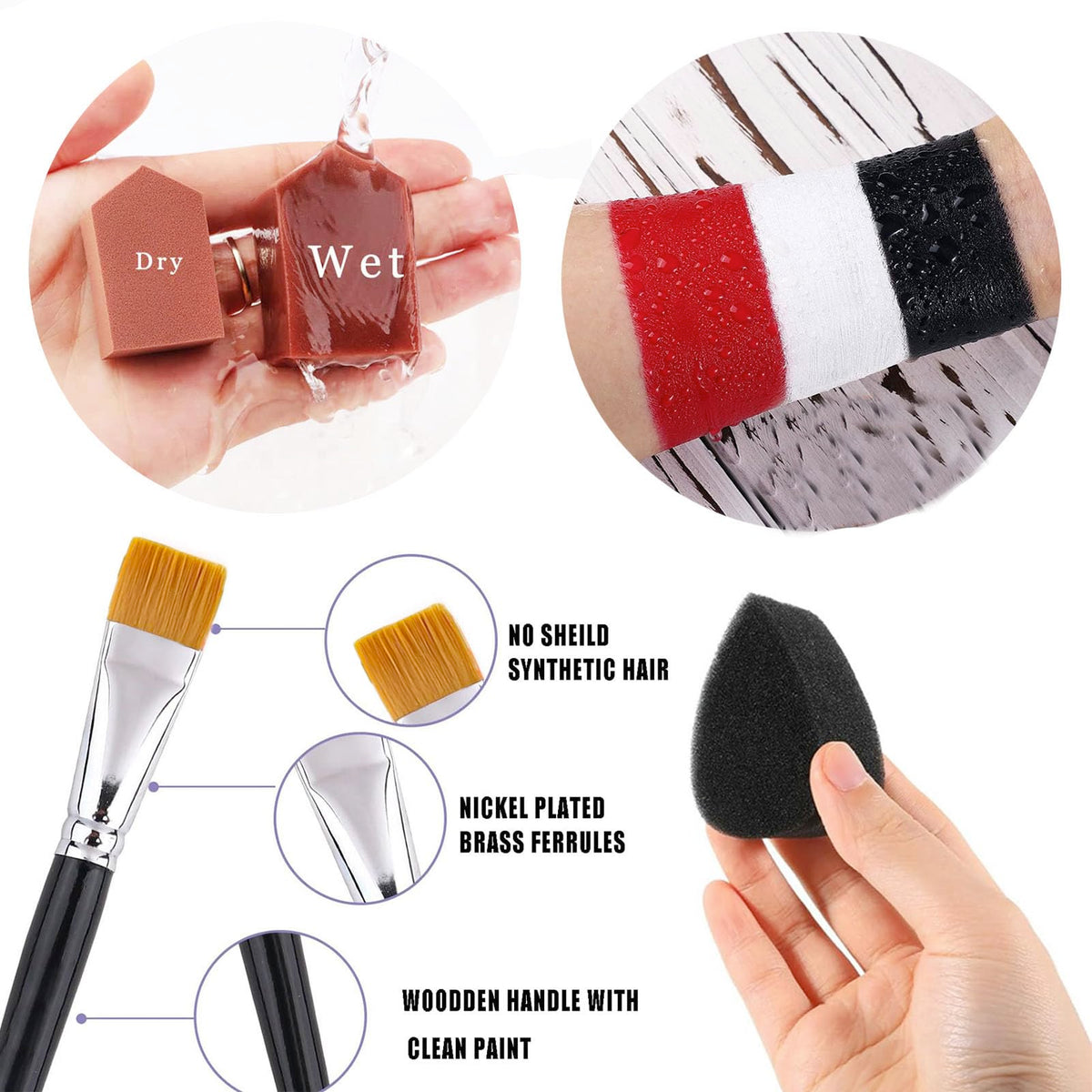 Black + White + Red Face Body Paint, Water-Based Face Painting Kit Professional, Large Capacity SFX Makeup Set with brush & Powder puff, Sponge for Halloween Makeup Clown, Cosplay, Stage