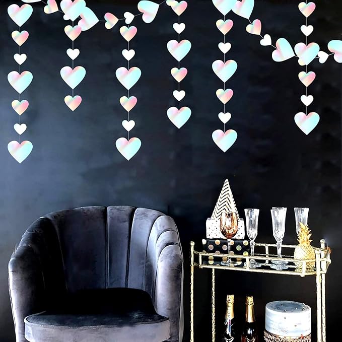 Iridescent Disco-Holographic Party-Decorations Love-Heart Garland - 39Ft Wedding Hanging Decoration Neon Streamers Banner,Valentines Birthday Bachelorette Baby Bridal Shower Engagement Decor Hugtmr