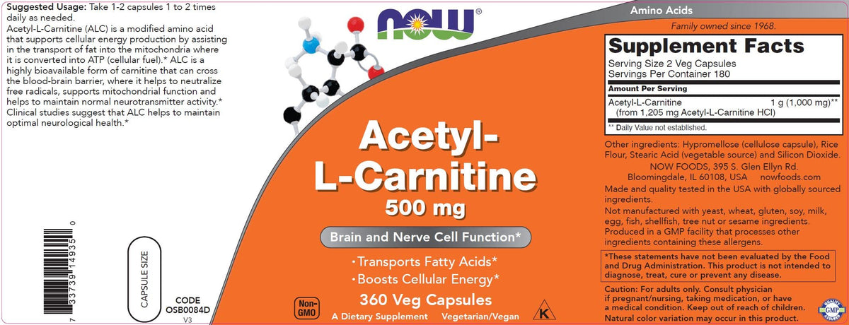 NOW Foods Now Acetyl L Carnitine 500mg, 360 Veg Capsules - Non-GMO ACL 500 mg Caps