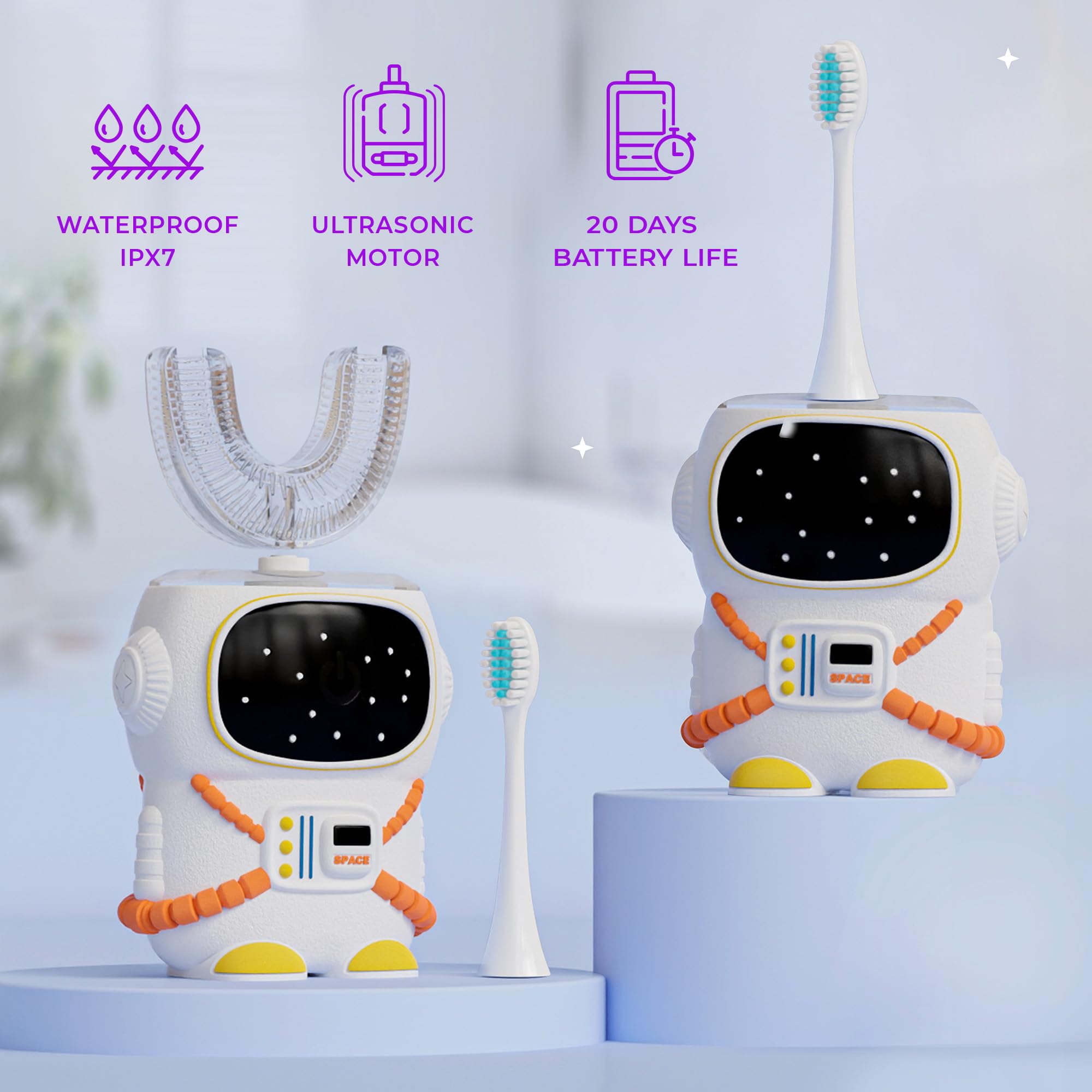 Sensory 360 Round U-Shaped Astronaut Design Mouthguard Electric Toothbrush for Kids Ages 2-7 - Automatic Memory Function - 5 Modes Toothbrush with Multiple Heads – Kids Travel Essentials (White)