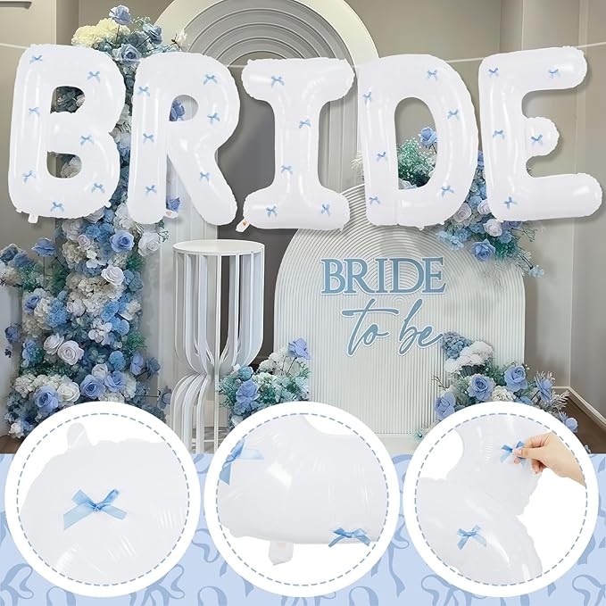 40Inch White BRIDE Balloons Bachelorette with Blue Bows, Big BRIDE Mylar Foil Letter Balloon, Bride To Be Banner Sign Something Blue Before I Do Bridal Shower Engagement Wedding Party Decorations
