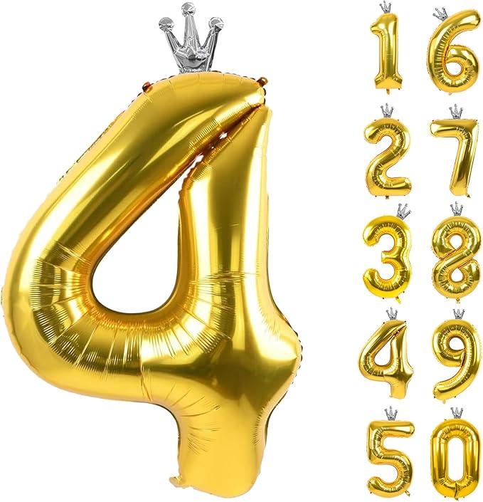 Gold Number 4 Balloon with Crown, 40 inch Gold Number Balloon 4th Birthday Party Decoration gold Crown Balloons 0-9 for Birthday Party Anniversary Decorations Supplies