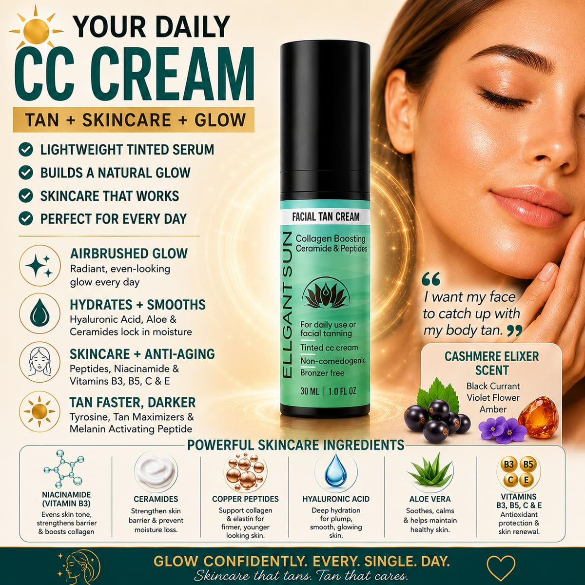 Flawless Glow Collagen-Boosting Facial Tan Cream – Peptide CC Serum with Copper Peptides GHK-Cu, Ceramides & Hyaluronic Acid – Bronzer-Free, No DHA, Hydrating Anti-Aging Daily Moisturizer (1 fl oz)