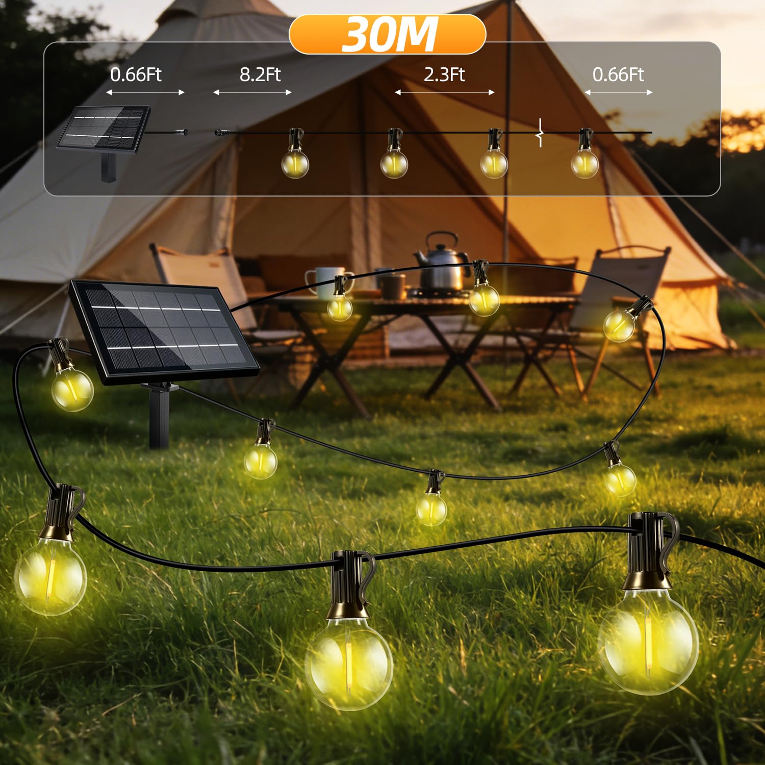 FUANXIEI 100FT Solar Lights Outdoor Waterproof: G40 30M Shatterproof Bulbs Patio Lights - Solar Powered Remote Control 3 Light Modes Dimmable Solar Light - Camping Backyard Garden Deck Outside Yard