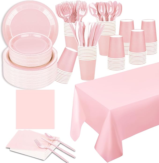 TWOWYHI 229PCS Pink Party Supplies Set Paper Disposable Plates Cups Plastic Spoons Forks Knives Pink Napkins for 30 Guests Disposable Party Dinnerware Sets for Wedding Birthday Parties