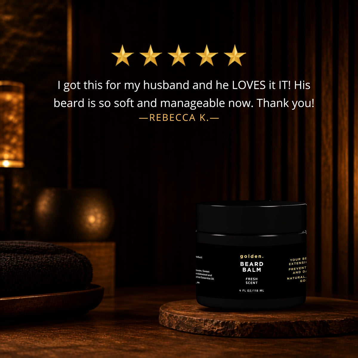 Golden Grooming Beard Balm - Tames Flyaways & Promotes Thicker Growth - Natural Styling Wax with Shea & Mango Butter - Relieves Beard Itch & Dandruff - Signature Fresh Scent, 4oz