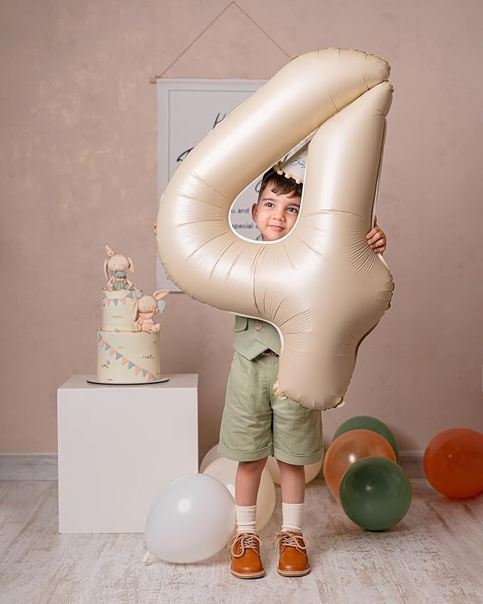 Number 4 Balloon Beige,40 Inch Large Cream Foil 4 Helium Balloons for Boys Girls Birthday Anniversary Decorations