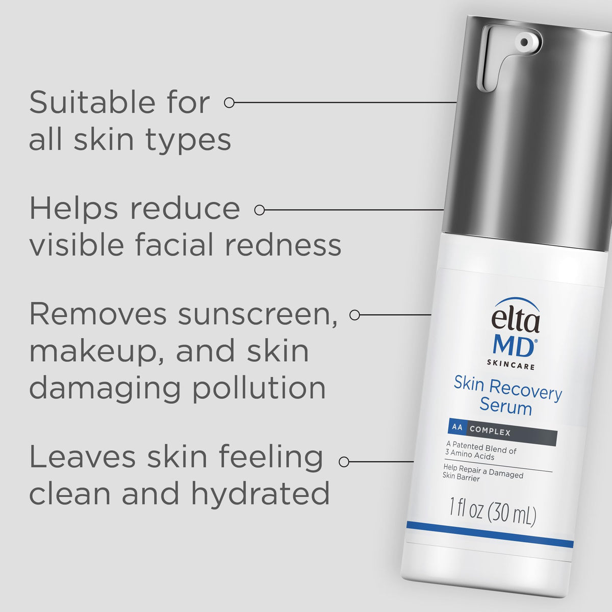 EltaMD Skin Recovery Face Serum, Redness Relief, Facial Serum Visibly Reduces Redness in 24 Hours, For Sensitive Skin, 1.0 oz Pump