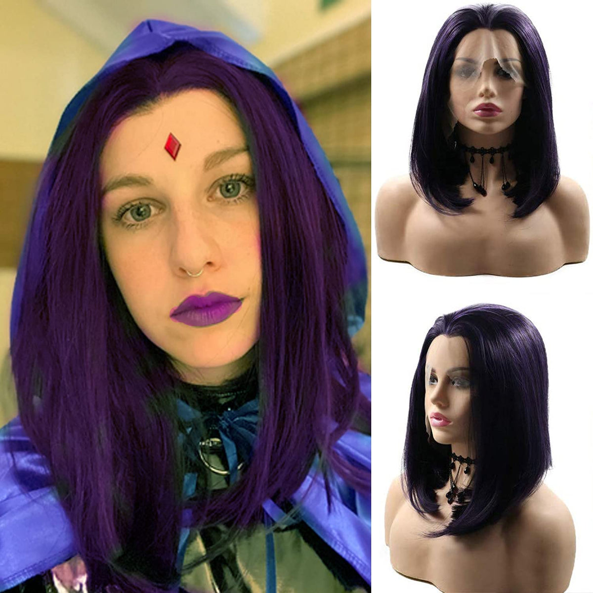 Short Bob Lace Front Wigs with Baby Hair Blend Purple Shoulder Length Natural Hairline Glueless Synthetic Silky Straight Wig for Black Women Heat Safe Fiber Cosplay Costume Daily Summer Wigs 14 Inch