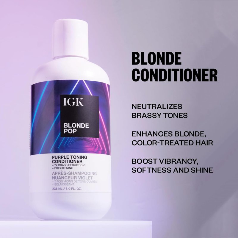 IGK BLONDE POP Purple Toning Conditioner | Hydrates, Brightens + Neutralizes Brass for Blonde & Highlighted Hair | Vegan + Cruelty Free | 8oz